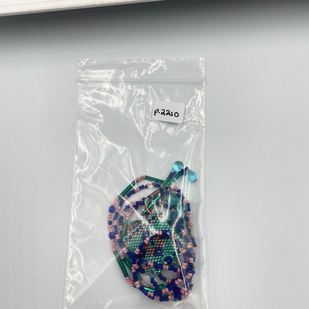 Handmade Beaded Pendant Necklace Boho Seed Bead Geometric Teal Pink Glass Fringe - Picture 8 of 8